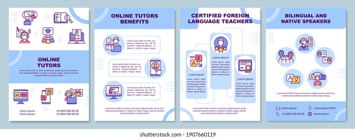 Online tutors bemefits brochure template. Bilingual speakers. Flyer, booklet, leaflet print, cover design with linear icons. Vector layouts for magazines, annual reports, advertising posters