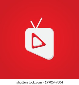 Concepto De Logotipo Del Canal De Televisión En Línea O De La Compañía De Radiodifusión. Plantilla de diseño de logotipo de marca gráfica con elemento de forma botón Televisión y reproducción. Rojo y blanco como identidad de color