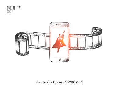 Online TV concept. Hand drawn superhero on screen of smartphone. Symbol of multimedia entertainment isolated vector illustration.