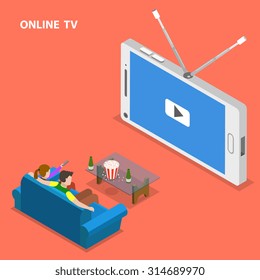 Online TV isometric flat vector illustration. Boy and girl sit on the sofa and watch TV set that looks like mobile phone.