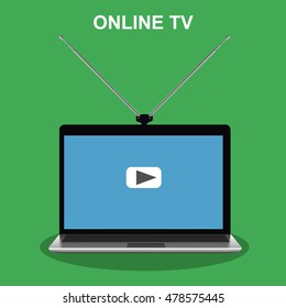 online tv, laptop with antenna, vector illustration
