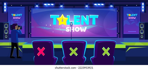 Online-TV-Übersetzung einer Talentshow Bühne und Promi-Jury hinter einem Schreibtisch. Star Contest Show für Menschen mit Fähigkeiten: Tänzer, Sänger. Werbehintergrund. Vektorgrafik im Cartoon-Stil.