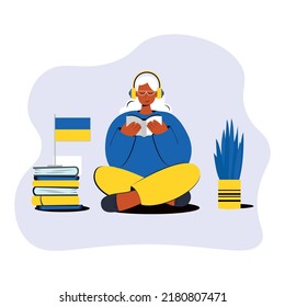 Online Ukrainian language courses flat illustration. Distance education, remote school, Ukraine university. internet class, e learning, Students reading books.