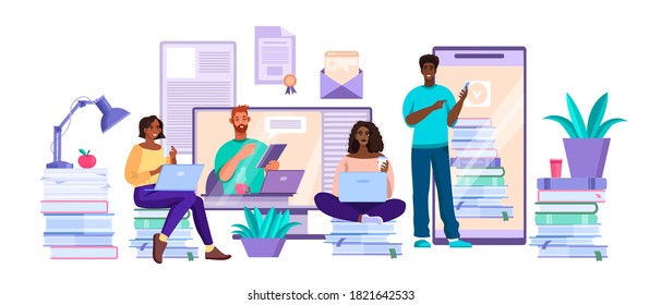 Online university or college education concept with diverse young students and tutor, screens. Virtual meeting or conference teamwork illustration. Online education or training courses vector banner