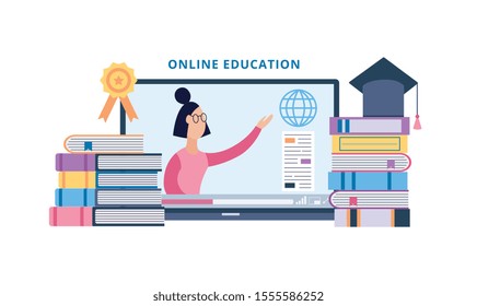 Online university education banner - cartoon woman teaching a subject via internet video service on laptop screen surrounded by books. Flat isolated vector illustration.