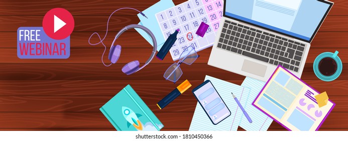 Online university and education vector illustration with home office flat lay, laptop, smartphone. Free webinar or internet training concept with stationery. Online education or courses banner