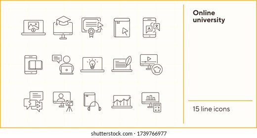 Online university line icon set. Computer, diploma, mobile application. Distant education concept. Can be used for topics like tutorial, lesson, homework
