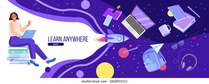 Online University And School Education Banner With Student Using Laptop, Space, Rocket, Book. Virtual Lessons And Webinar In Internet Concept With Young Woman. Online Education Vector Illustration