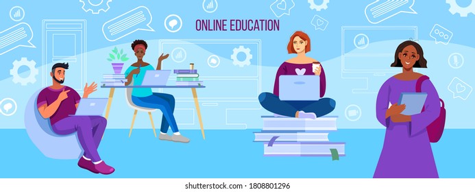 Online university and school education illustration with diverse people studying in internet. Virtual courses and training banner with multinational students. Online education vector flat background 