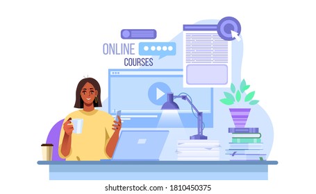 Online university of school education illustration with student, home workplace learning in internet. Digital courses and training concept with black woman using laptop. Online education vector banner