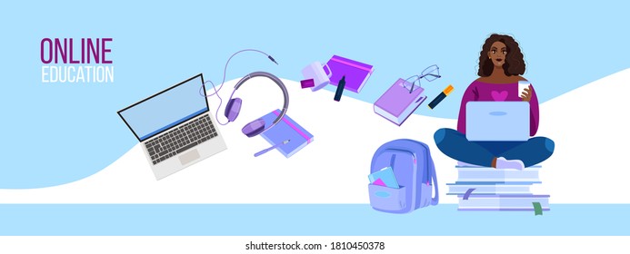 Online university and school education illustration with black young woman using laptop.Digital courses or internet training concept with female student, books,headphones. Online education flat banner