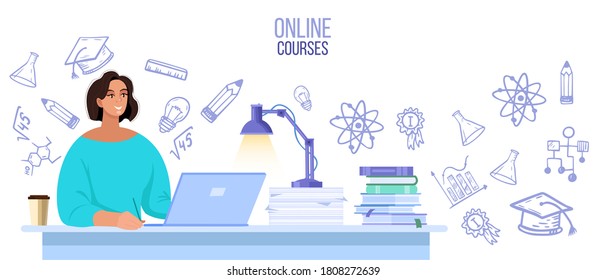 Online University Or School Vector Illustration With Student Learning In Internet At Home. Virtual Education Or Courses Concept With Woman, Laptop, Books. Online University Banner With Science Doodles