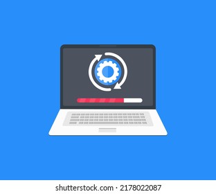 Actualización en línea, proceso de configuración del equipo, diseño del logotipo de configuración del sistema. Laptop instalando cambio o personalización de hardware ejecutando mantenimiento, reparando engranajes de rueda en el diseño de vectores de pantalla.