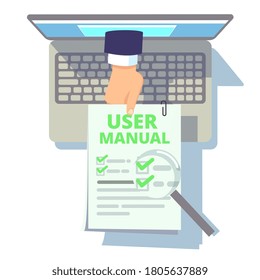 Online User Guide. Web Manual, Hand From Laptop Screen Holding Instruction Or Info. Flat Computer With Booklet, Client Service Vector Illustration