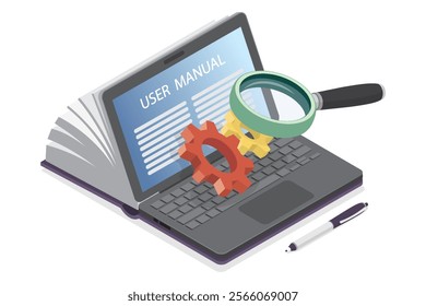 Online user manual displayed on a laptop screen. Digital guidance and support for users. Isometric flat vector illustration on white background