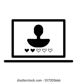 Online user rating icon - Flat design, glyph style icon - Black silhouette enclosed in a computer