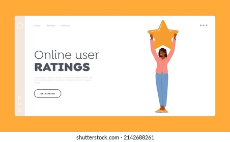 Online User Rating Landing Page Template. Young Woman Holding Yellow Star above Head. Customer Review and User Rate Service. Client Female Character Feedback. Cartoon People Vector Illustration