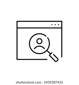 Online user search. Web page with a magnifying glass zooming in on a user. Exploration of user profiles icon