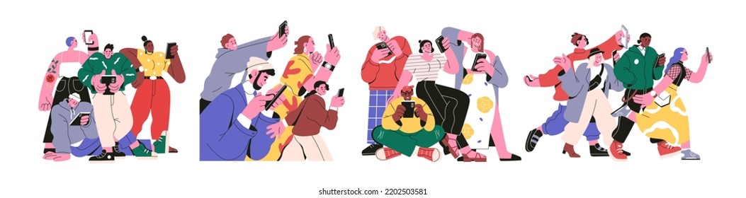 Online users community, digital communication concept. People using mobile phones, internet, social network. Characters addicted to smartphones. Flat vector illustrations isolated on white background - Shutterstock ID 2202503581