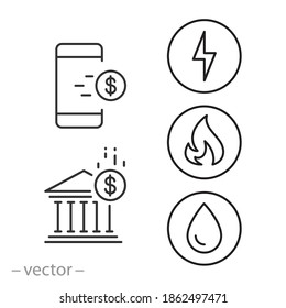 online utility bills payment icon, invoice pay for gas electricity and water, save budget, set thin line symbols on white background - editable stroke vector illustration eps10