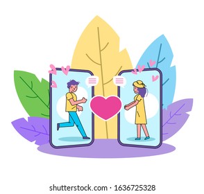 Online Valentine day two lovers dating vector illustration, girl and man people in love web page internet card. Happy couple virtually dating computer, laptop. Heart, messages. 