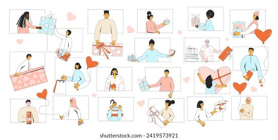 Online Valentine's Day celebration. Vector illustration of virtual event. Gift exchange. Love holiday event. February 14 banner with romantic symbols. Vector flat outline illustration