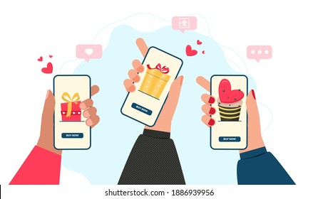 Online Valentines day shopping concept with hands and phones. Online shopping gifts for valentine romantic holiday or internet shop concepts, with shopping app on phone screen. Hand holding phone