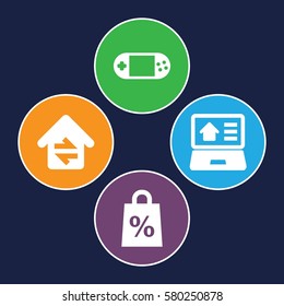 online vector icons. Set of 4 online filled icons such as portable console, home connection, real estate on laptop