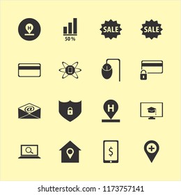 online vector icons set. with diagram, house location, credit card and find concept in set