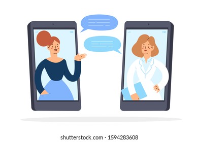 Online vector illustration concept, dialog with a doctor, patient consultation via smartphone, medical support application. Can use for landing page, template, ui, web, mobile app, poster, banner.