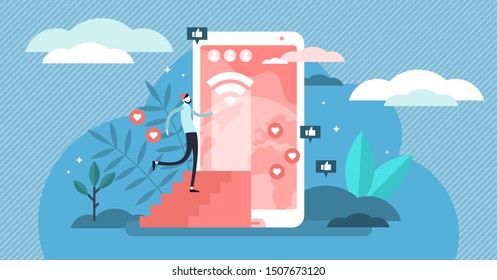 Online vector illustration. Flat tiny user connected to web persons concept. Technological communication using social media and cyberspace services. Global wireless application usage in mobile devices