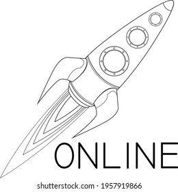 Online. Vector illustration with a flying rocket.
