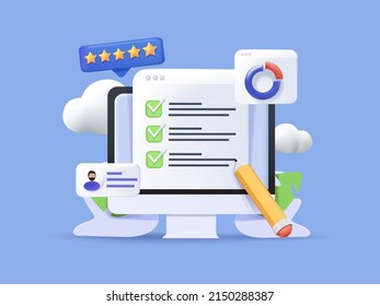 Online vector survey, internet feedback, digital questionnaire form concept, laptop screen, stars. Web research quality application, marketing quiz. Social media online survey isolated illustration