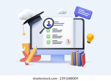 Online vector training illustration, remote education isolated concepts, laptop screen, book. Digital school, university courses collection, internet exam, webinar. Online education 3D app design