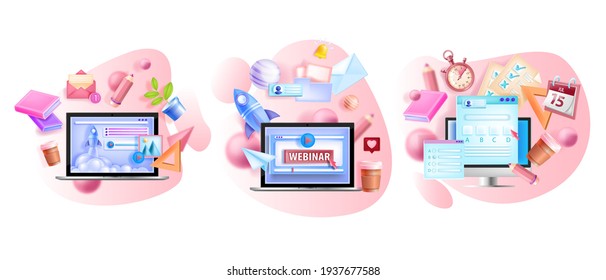 Online Vector Training Illustration Set, Remote Education Isolated Concepts, Laptop Screen, Book. Digital School, University Courses Collection, Internet Exam, Webinar. Online Education 3D App Design