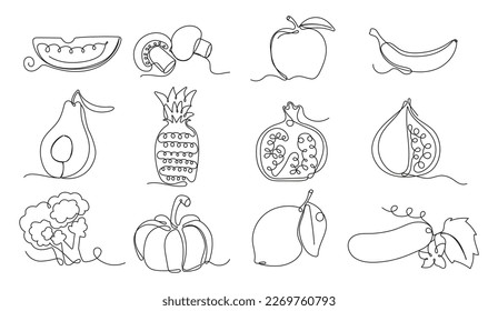 Online vegan icons set. Continuous fruits and vegetables. Natural, healthy food for life and diets. Nutric products illustration in sketch style. Nutritionist menu.