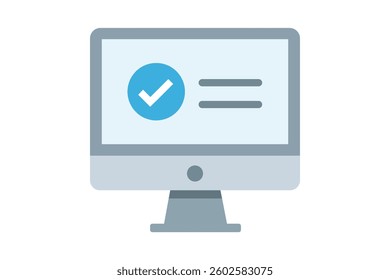 Online verification check mark icon on computer screen, computer check mark icon, approval check mark, verified check icon, PC verification