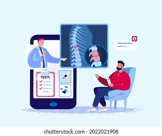 Online-Vertebrologe Orthopädie Ärzteschaft konsultieren Patient.Schmerzen in der Rückspine und gespurte Diskette, Osteochondrose,Diagnostische Checkup.Internet-Behandlung.Digital Medical Hospital.Flat Vektorgrafik