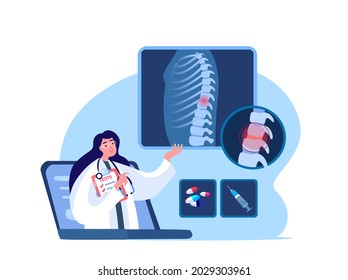 Online Vertebrologist ,Orthopedics Woman traumatologist Surgeon Doctor.Internet Presentation Seminar.Fracture, Pain in Back Spine Diagnostics.Internet Conference. Digital Medical Hospital Illustration