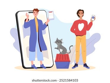 Clínica veterinária online. Mulher com gato perto de smartphone enorme chama médico. Consulta, diagnóstico e tratamento na internet. Saúde e medicina. Ilustração de vetor plano isolada no plano de fundo branco