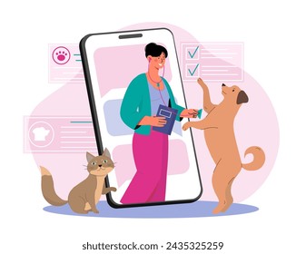 Concepto veterinario en línea. Mujer en uniforme médico en la pantalla del teléfono inteligente con perro y gato. Cuidado con animales domésticos y mascotas. Atención sanitaria y tratamiento. Ilustración de vector plano de dibujos animados