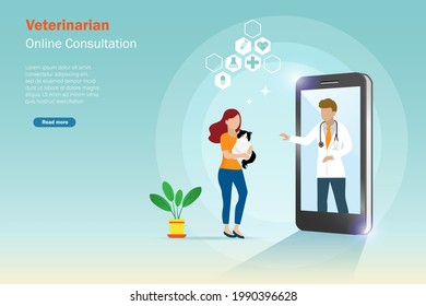 Online veterinarian consultation, animal hospital, veterinary clinic or cat and dog healthcare concept. Veterinarian doctor from smartphone online examining and give consult to cat's owner woman.