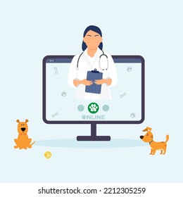 Online veterinarian consultation. Online animal veterinary doctor on the laptop screen with two dogs. Animal hospital. 