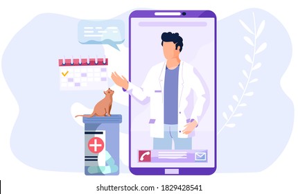 Online veterinarian consultation. Veterinary doctor appointment. Modern healthcare technologies, mobile application. Animal hospital. A cat sitting on container with pills looking at male doctor