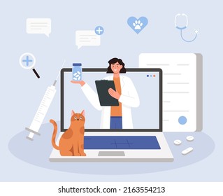 Online veterinarian consultation. Veterinary doctor appointment. Modern healthcare technologies. Animal hospital. The cat sits on laptop and looks at female doctor on screen