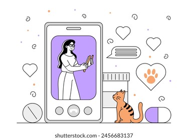 Online veterinario lineal. Mujer en uniforme médico dar pastillas y tabletas al gato. Atención de salud y medicina, tratamiento. Cuídate de los animales domésticos. Doodle Ilustración vectorial plana