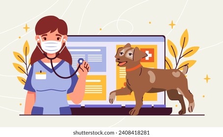 Online veterinarian service. Woman in medical uniform with stethoscope near dog and laptop. Treatment of domestic animals. Cartoon flat vector illustration isolated on beige background