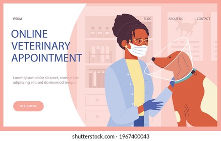 Online veterinary appointment web banner mockup with veterinarian and dog characters, flat vector illustration. Online services for veterinary and pets health.