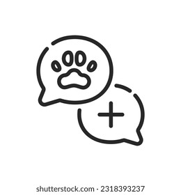 Online Veterinary Chat Icon - Vector Outline Editable Sign of Animal Care Dialogue, Pet Chat, Ask a Help Online. Two Chat Bubbles with Animal Paw Print Symbol.