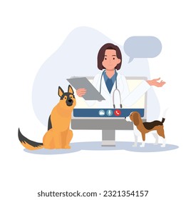 online Veterinary consultation concept. Veterinary doctor appointment. Modern healthcare technologies. Flat vector cartoon illustration